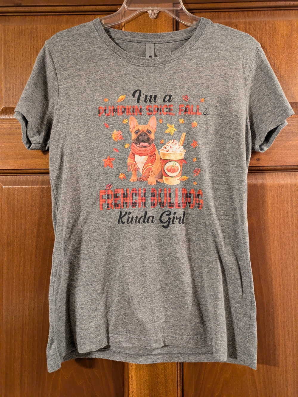 Next Level Apparel Women's Gray French Bulldog Pumpkin Spice T-shirt Large